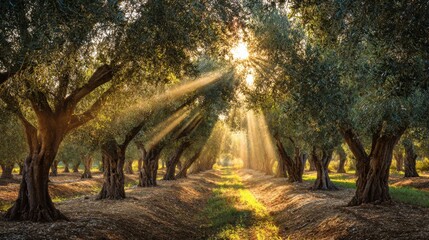 Naklejka premium Golden rays of sunlight filter through the branches of olive trees, creating a tranquil atmosphere in a lush grove at dawn. Nature's beauty is showcased in this peaceful setting.