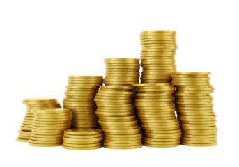 Multiple stacks of gold coins arranged in a rising graph formation, isolated on a transparent background