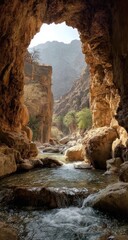 Mountain stream flowing through a rocky archway