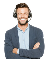 Confident male call center agent with headset isolated on transparent background