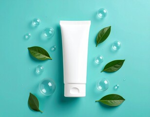 Top view mockup facial skincare white tube product bottle with blank label and soap
