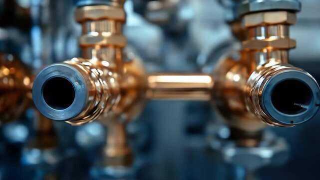 Polished brass piping in focus on a blurry grey background