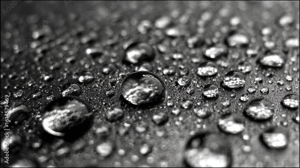Poster the close-up view showcases numerous water droplets resting on a sleek black surface, reflecting lig
