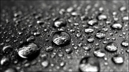 The close-up view showcases numerous water droplets resting on a sleek black surface, reflecting light and forming intricate patterns after a recent rainfall.