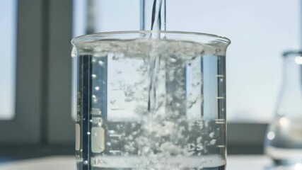 Clear liquid poured into beaker with bubbles in laboratory for science experiments and research in scientific lab with equipment and window light. - Powered by Adobe