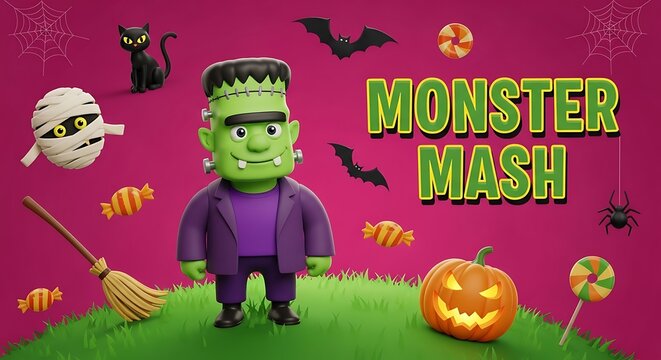 Friendly Halloween Monster Mash 3D Render:  Cartoon Frankenstein, Mummy, Cat, Bats, Spider, Candy, and Jack-o'-Lantern.