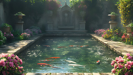 Colorful koi fish swimming in a tranquil garden pond.