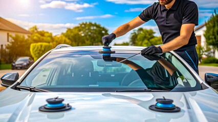 Technician replacing car windshield with suction tools during outdoor auto glass service 
