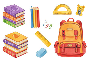 Cute school supplies illustration including backpack, books, pencils, ruler, and eraser, transparan background. 