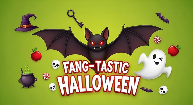 Fang-tastic Halloween: Cartoon Bat, Ghost, and Candy on Green Background; Spooky, Fun, Festive Illustration