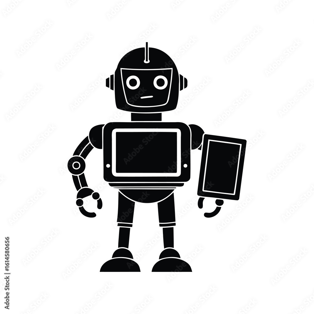 Poster retro robot holding a tablet device looking forward on white background