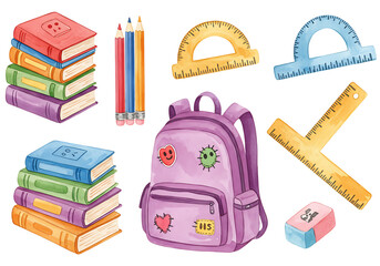 Cute school supplies illustration including backpack, books, pencils, ruler, and eraser, transparan background. 
