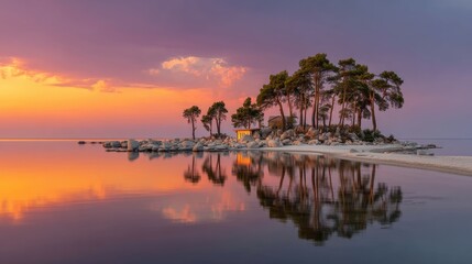 Obraz premium Breathtaking Tropical Sunset Over a Serene Beach with Palms and a Cozy House Perfect for Peaceful Escapes