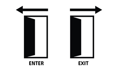 Door icon. Open door and closed sign set. Exit and enter with arrow symbol. Exit and entry door icon set. Entrance exit door with directional arrow icon sign. Home office concept. Vector illustration.