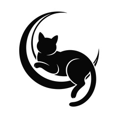 Black cat silhouette resting on crescent moon isolated on white background