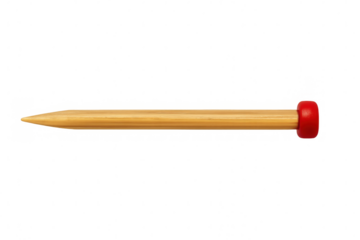 Single wooden knitting needle with red stopper lying horizontally on transparent background