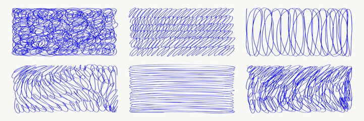 Crosshatch pattern texture set. Hand drawn blue pencil line. Scribble stripe, hatch organic shape collection. Sketch vector isolated illustration