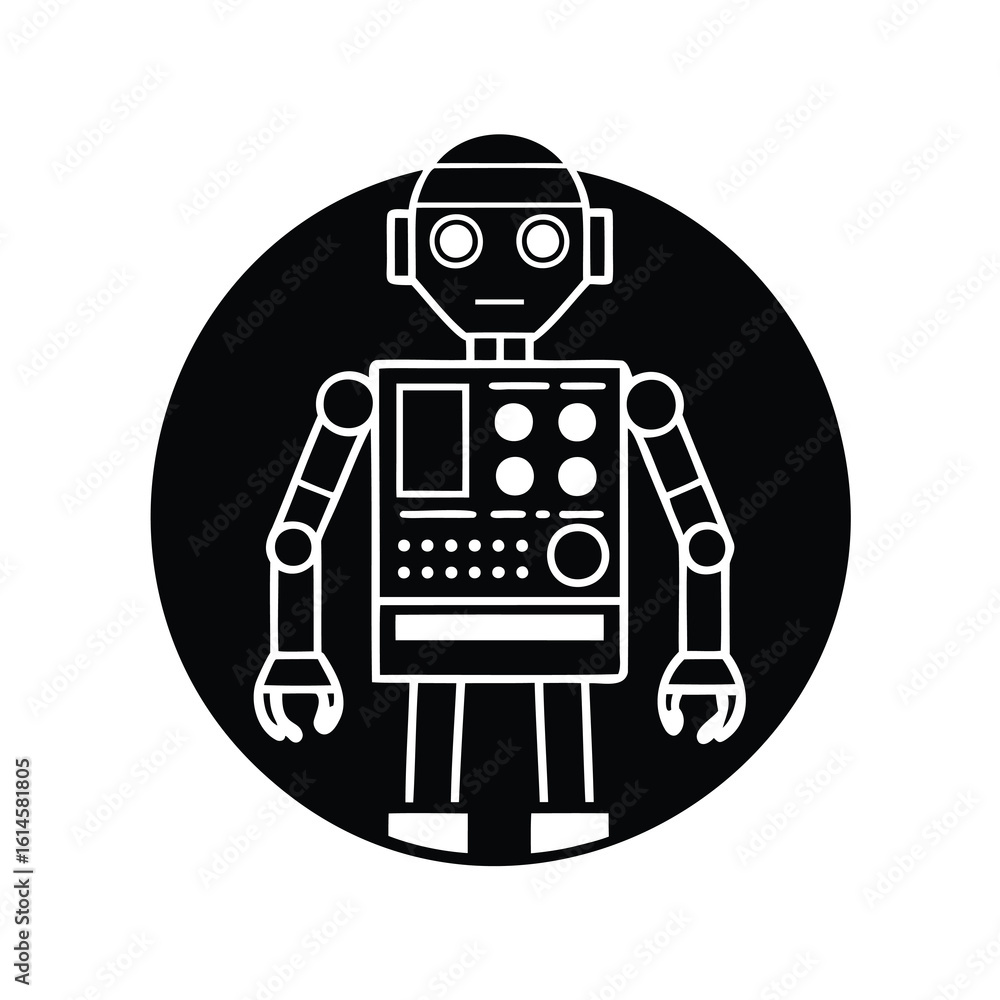 Poster monochromatic futuristic robot character design with a simplified and modern style