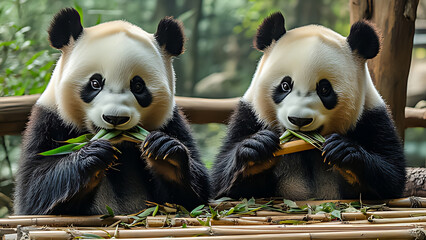 adorable pandas munching bamboo