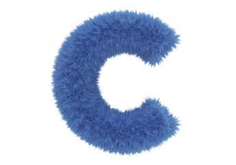 A fluffy, blue letter c with a soft, furry texture, presented in a 3d render isolated on a transparent background