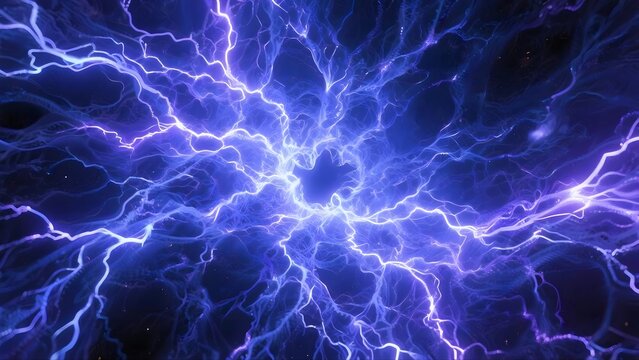 Chaotic blue and purple lightning bolts fill the frame, radiating from a bright central point.