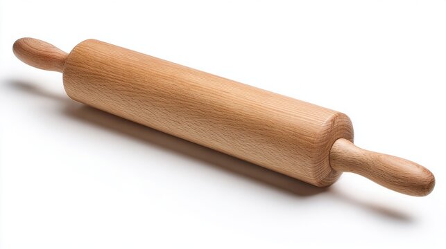 A wooden rolling pin rests on a clean, white surface, ready to assist in rolling out dough for pastries or bread. Ideal for baking enthusiasts and chefs in kitchens.