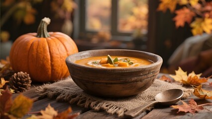 Autumnal Pumpkin Soup in a Wooden Bowl Surrounded by Fall Leaves