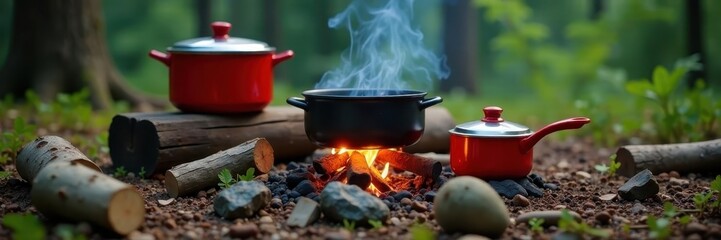 Camp stove assembled, cookware arranged, firewood stacked , dinner, provisions