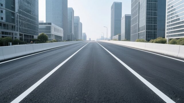 Empty urban highway flanked by modern skyscrapers under clear skies