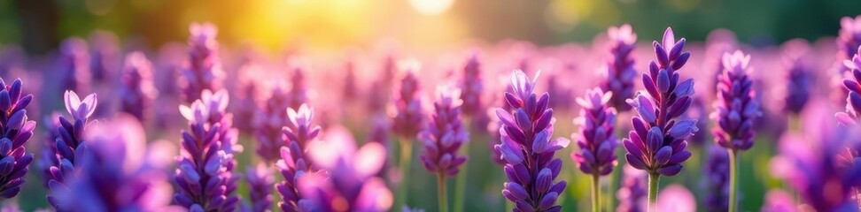 Purple lavender blooms fill a sun-drenched field , beautiful, purple
