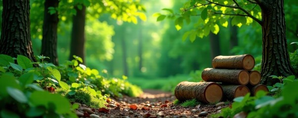 Rustic wooden logs, lush green forest backdrop, countryside, vertical