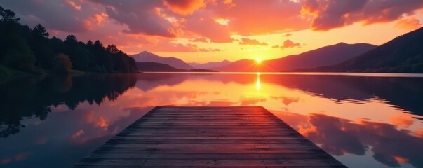 Serene sunset reflecting on still lake water, wooden dock , clouds, spring