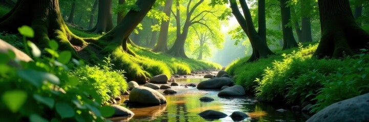 Sun-dappled green forest, clear stream flows through lush foliage, natural, stock photo