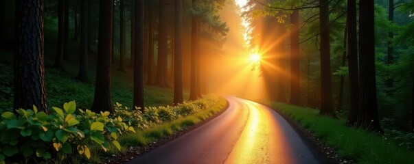 Sunrise illuminates winding forest road, dew-kissed foliage , backdrop, sunlight