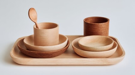 A beautifully arranged wooden tableware set featuring bowls, cups, and a spoon, all placed neatly on a light-colored tray in a simple kitchen setting.