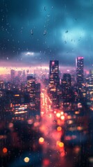 Fototapeta premium City Skyline at Night Through Rainy Window Urban View