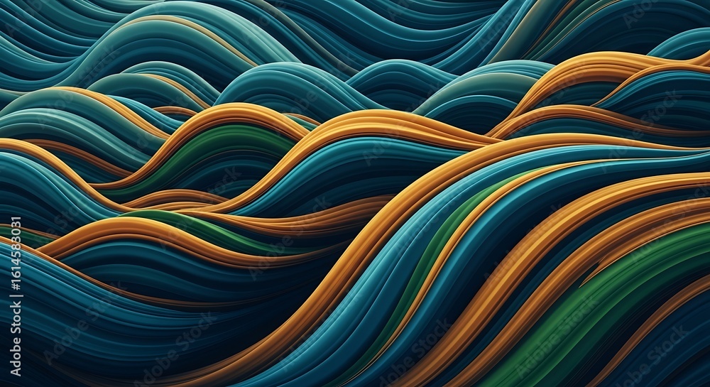 Poster abstract waves of teal blue gold and green creating a flowing and dynamic visual pattern art ai gene