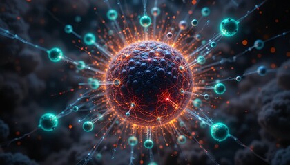 Obraz premium Iron Atom with Nucleus and Orbital Electrons in Cosmic Space 