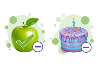 A green apple with a check mark and a birthday cake with a lit candle, presented with a positive and negative symbol isolated on transparent background