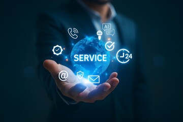 Businessman Offering Digital Customer Support with Global Communication Icons and AI Services
