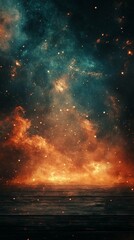 Abstract Sky with Glowing Elements and Wood Surface