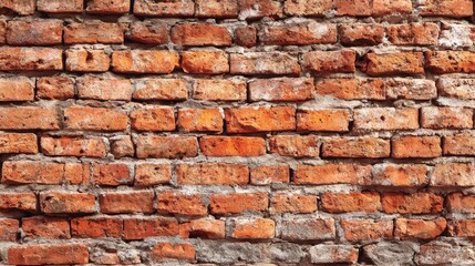 Fototapeta premium The photo presents a weathered red brick wall featuring various shades and textures. The bricks display natural wear, offering a glimpse of history and craftsmanship in a rustic setting.