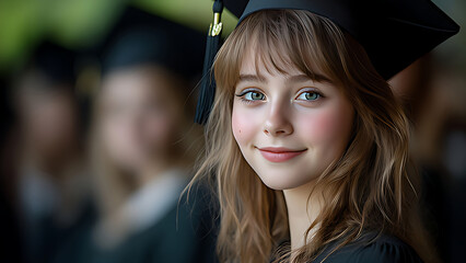 A young woman at a graduation ceremony happy