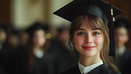 A young woman at a graduation ceremony happy