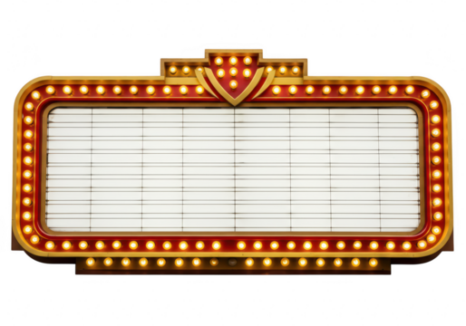 A vintage marquee sign with illuminated lights and a blank message board, isolated on white isolated on transparent background
