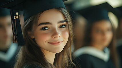A young woman at a graduation ceremony happy