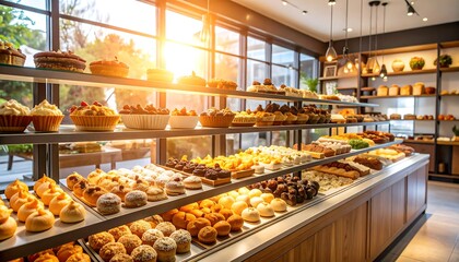 Display of pastries and baked goods in a bright bakery