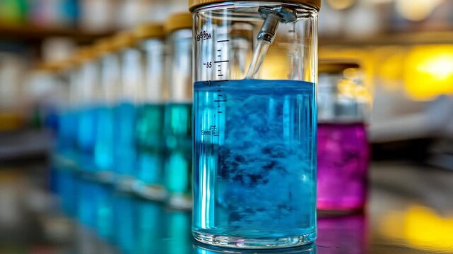 Science lab close-up with vibrant colored liquid in graduated cylinders
