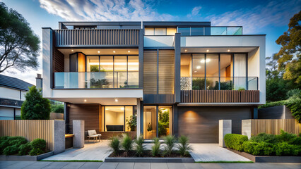 Fototapeta premium Contemporary townhouse with shared backyard and minimalist facade 