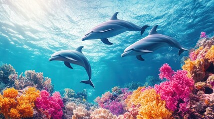 Obraz premium Three dolphins swim gracefully above a vibrant coral reef in a sunlit ocean